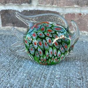 Art Glass Millefiori Angel Fish Paperweight Murano Beach Glass Colorful Green